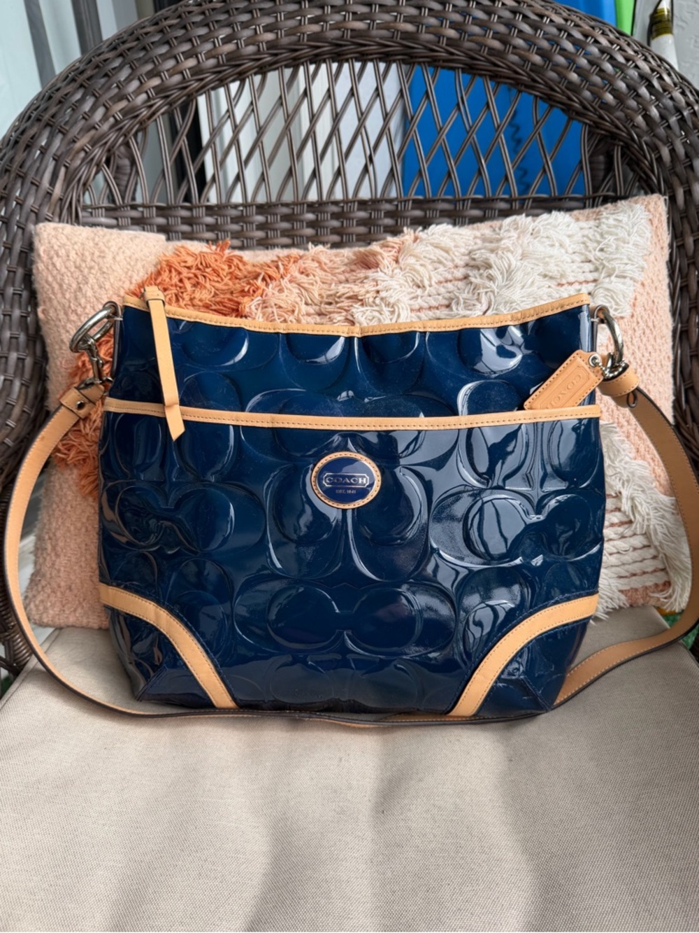 NWOT Coach Navy Patent Leather Shoulder Bag with Tan Trim